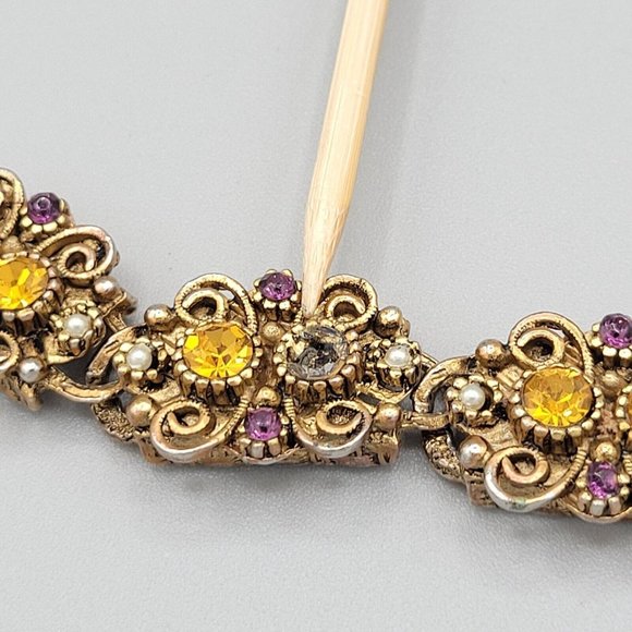 Womens Gold Tone Metal Fashion Bracelet Multicolor Rhinestones Faux Pearl 6 1/4 - Picture 6 of 8